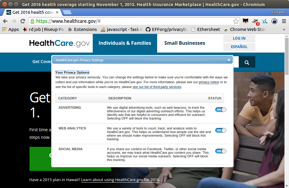 Without privacy settings turned on, Privacy Badger detects 4 potential trackers on the healthcare.gov website. Without privacy settings turned on, Privacy Badger detects 4 potential trackers on the healthcare.gov website.