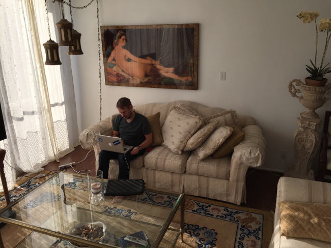 Shawn Musgrave exchanges emails with Rowan County Clerk Kim Davis from an Airbnb rental in Riverside, Calif.
