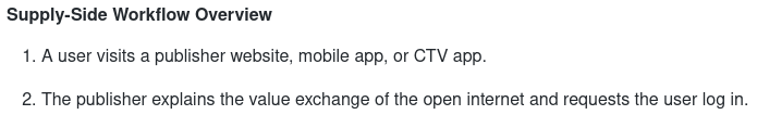 "Supply-Side Workflow Overview 1. A user visits a publisher website, mobile app, or CTV app. 2. The publisher explains the value exchange of the open internet and requests the user log in."