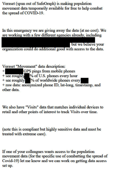anonymized phone ID, lat-long, timestamp, and other data") "to help combat the spread of COVID-19."