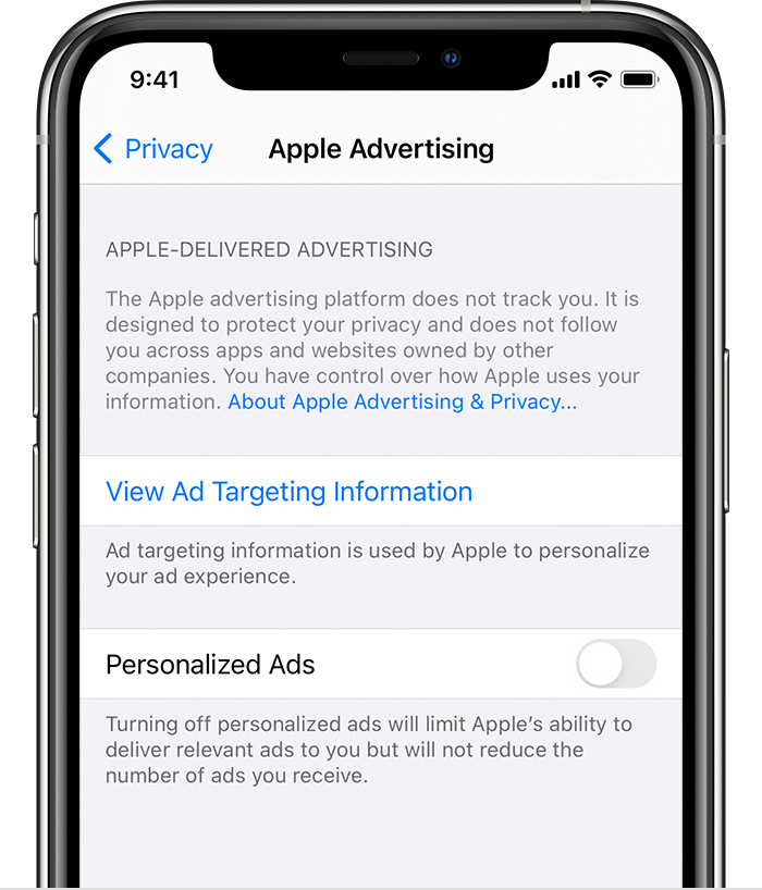 A screenshot of the iOS Apple Advertising Menu.Set the “Personalized Ads” switch to the “off” position to disable Apple’s ad targeting. A screenshot of the iOS Apple Advertising Menu. This page allows you to choose to turn off the ID (personalized Ads).