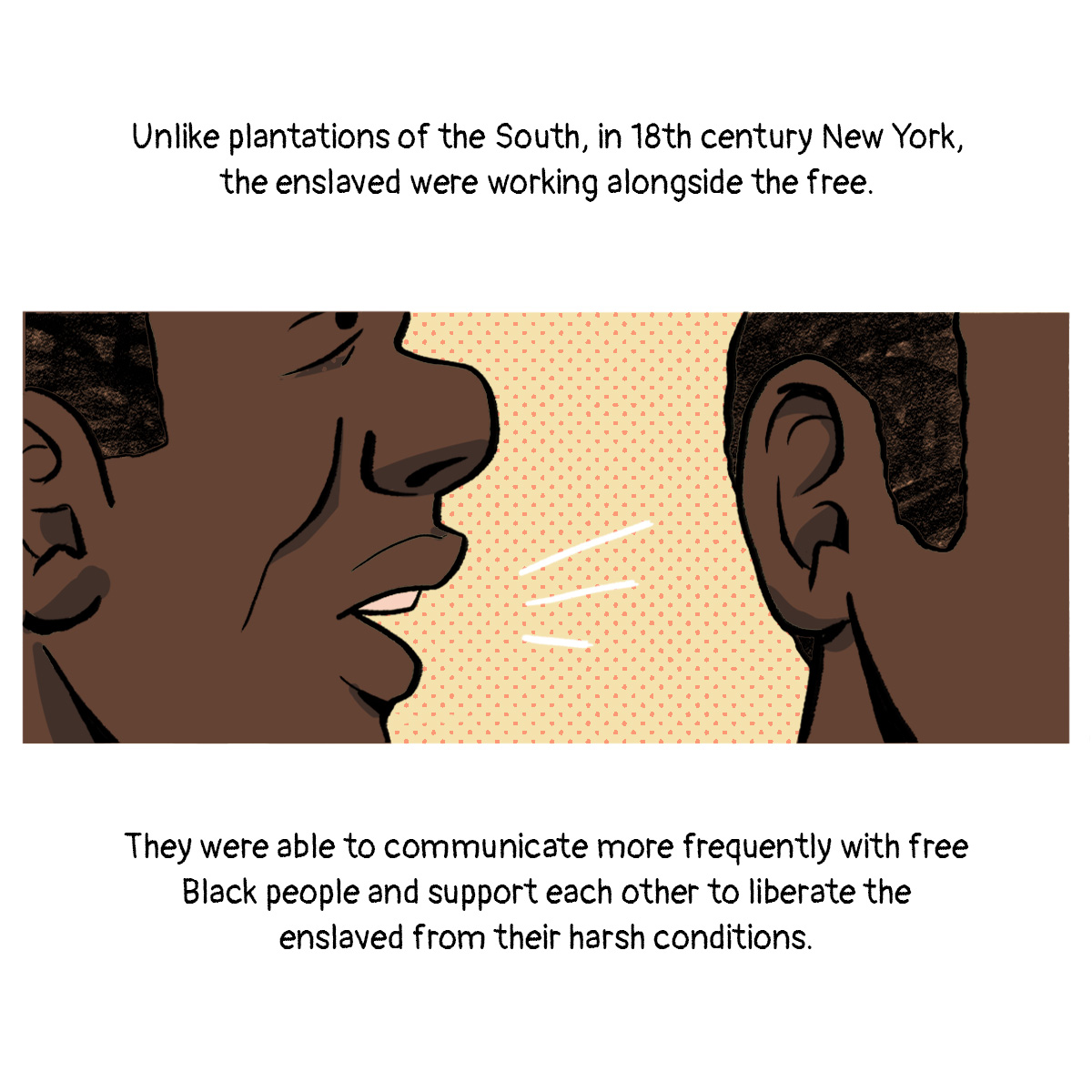 A close-up of two people chatting, emphasizing a man talking into another’s ear.