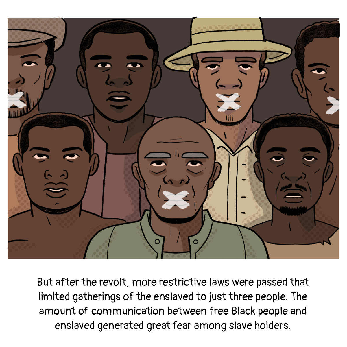 A crowd of faces look above the reader, some have x’s over their mouths.