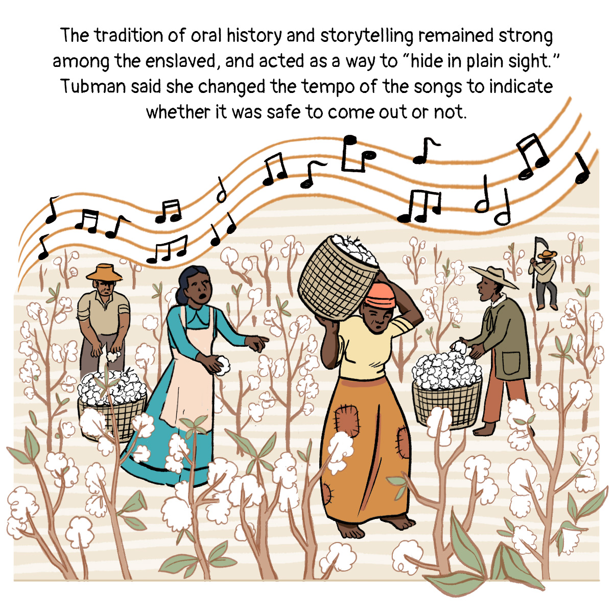 Enslaved people work in a field, while music flows above them.