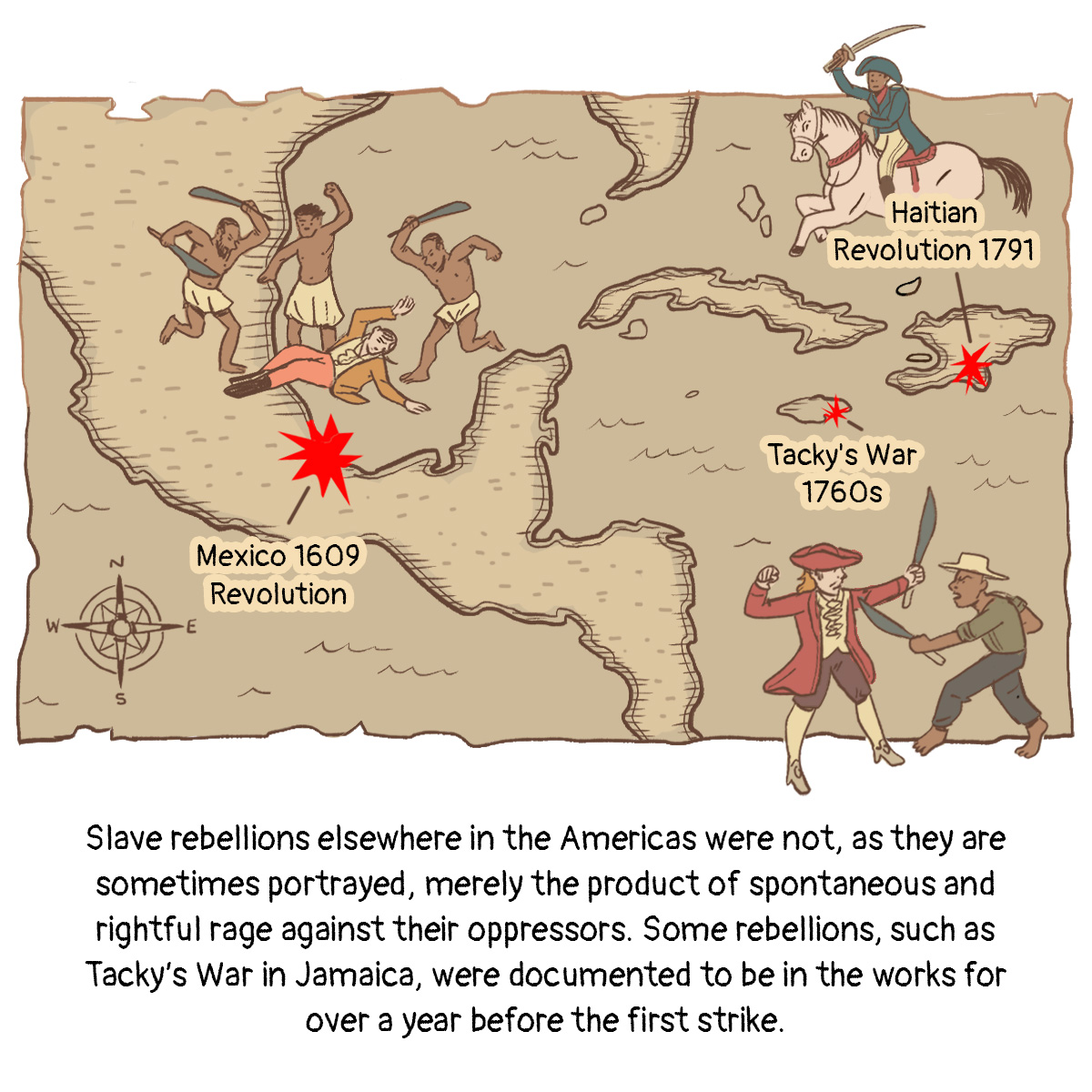 A map, highlighting places in Jamaica (Tacky’s War, 1760s), Mexico (1609 Revolution), and Haiti (Haitian Revolution 1791) where slave rebellions occurred.