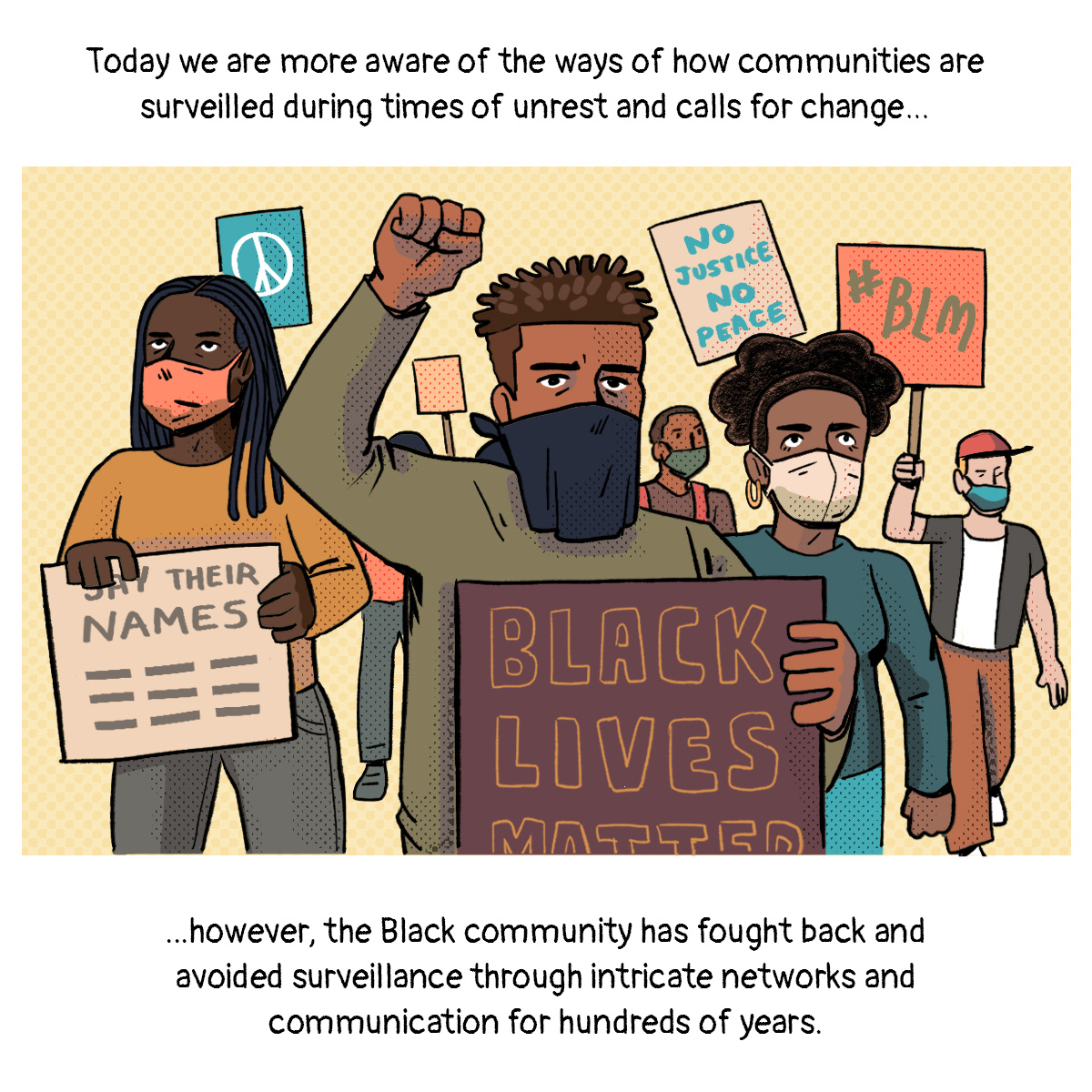 Protesters of different races hold signs, including Black Lives Matter, No Justice No Peace, #BLM, Say Their Names, and a peace sign.