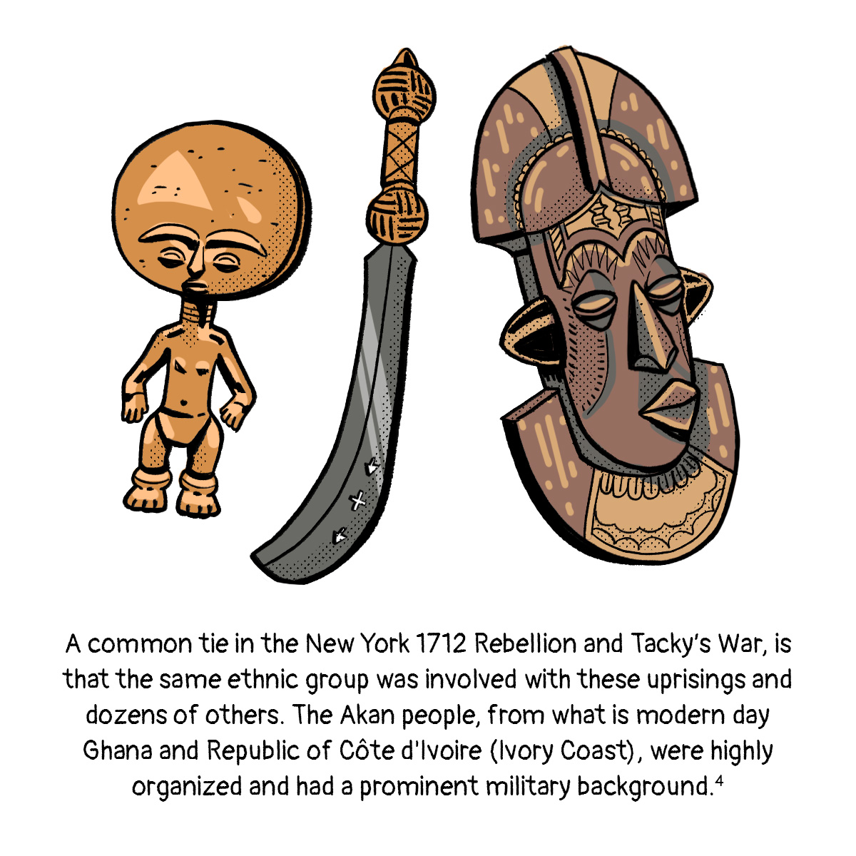 Iconography from the Akan people, such as a longsword, tall African mask, and statuette of a person with a large circular head.