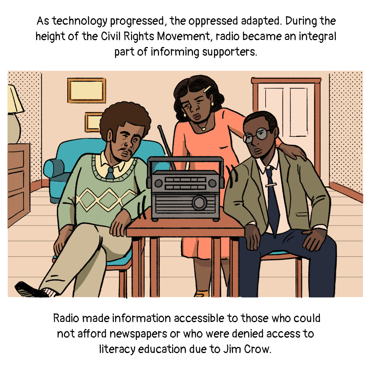 A woman and two men lean in to listen to the radio.