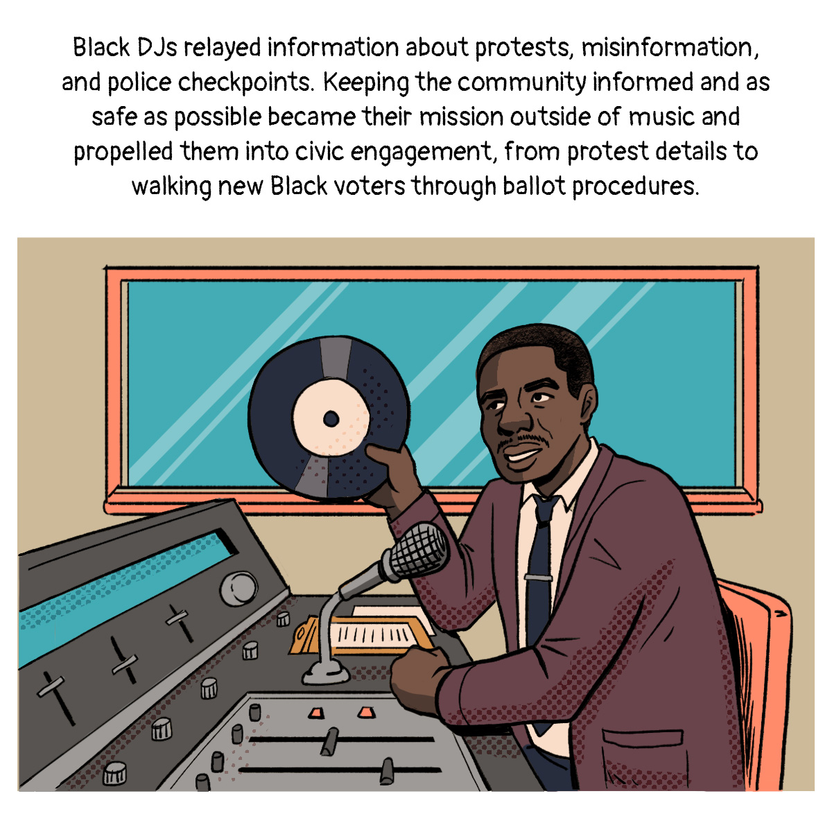 A radio DJ speaks into his microphone while holding a record.