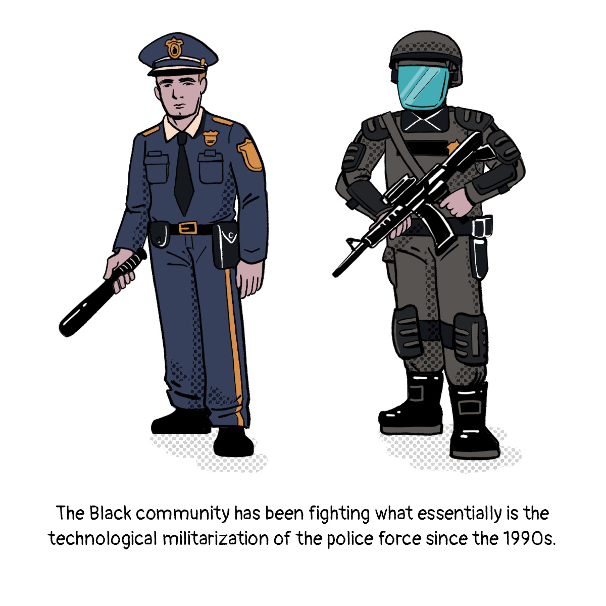 one from the 60s with a baton and cap, the other from today, wearing a helmet and shield, carrying a machine gun, and wearing heavy armor.