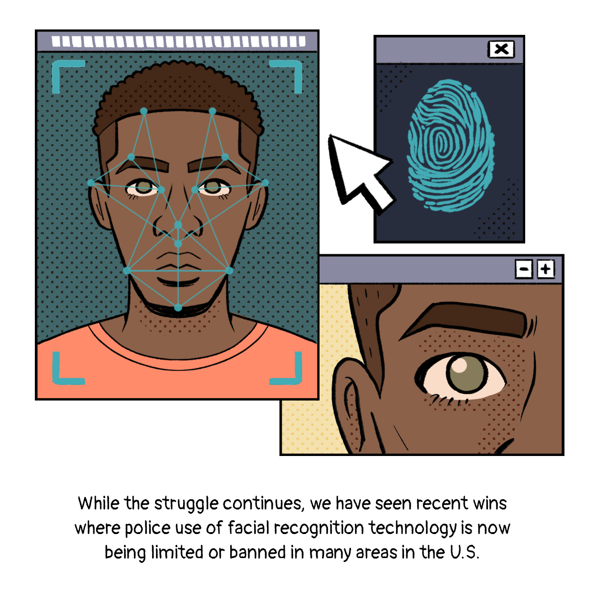AI highlighting his facial dimensions with nodes, a closeup of his eye, and a fingerprint.