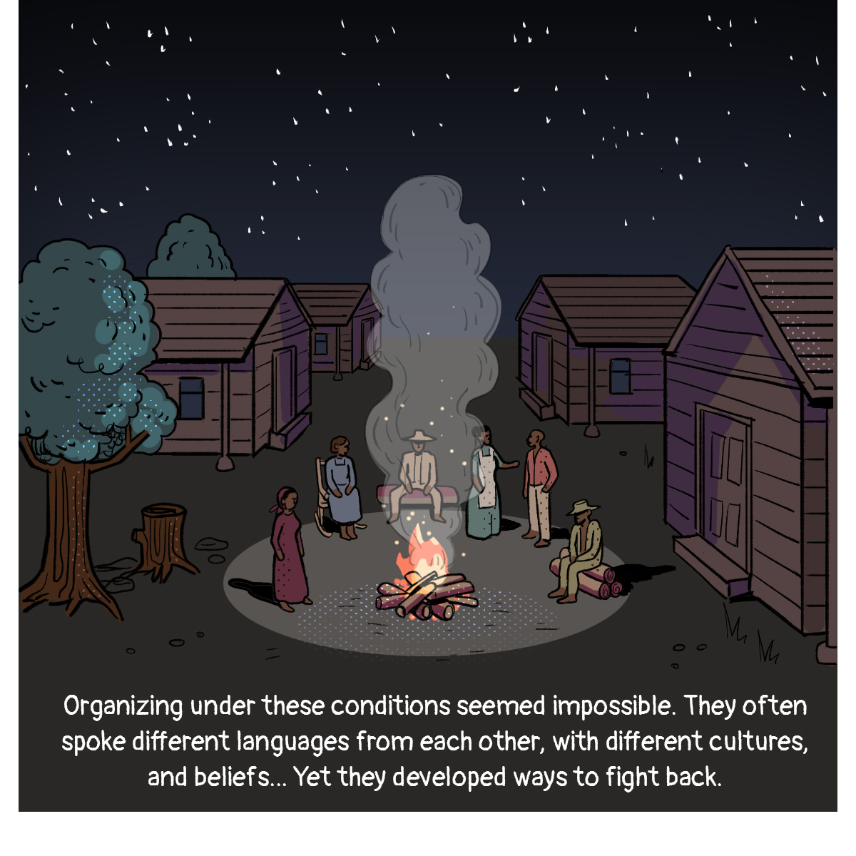 People sit in a campfire under the stars.