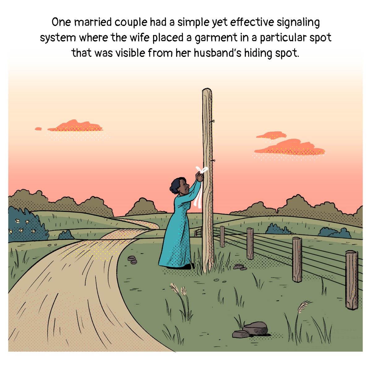 A woman ties a long white ribbon on a pole on a country road.