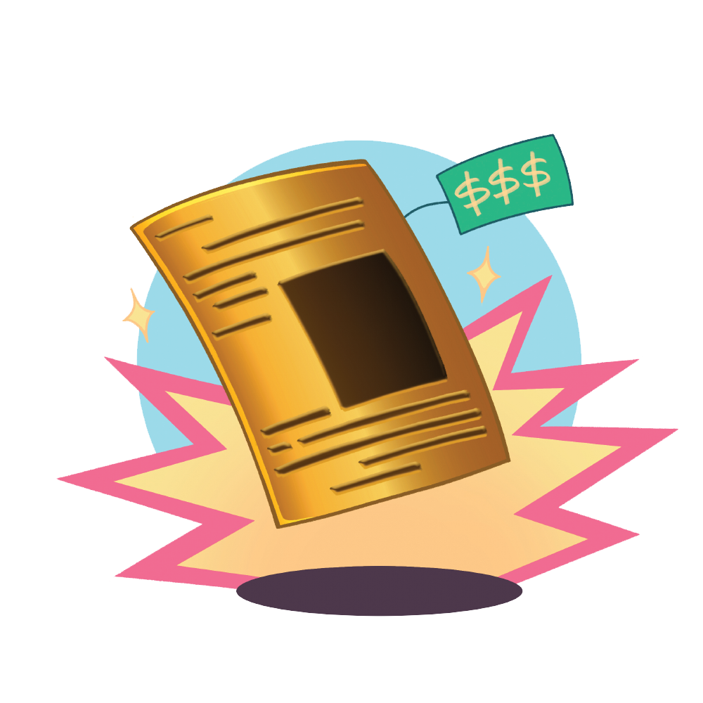 A golden document with a dollar-sign price tag. A golden document with a dollar-sign price tag.