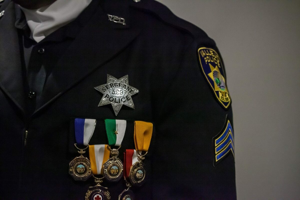 A close-up of a badge and medals on a Vallejo Police Officer's uniform. A close-up of a badge and medals on a Vallejo Police Officer's uniform.