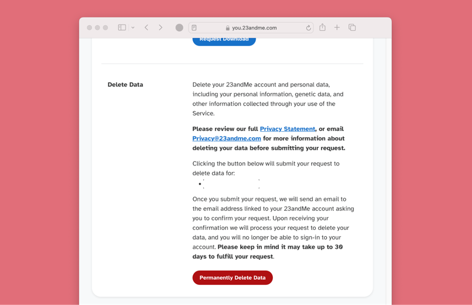 screenshot of 23andme data delete page