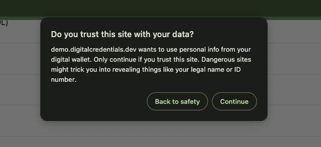 Pop up asking user to make sure they trust the website they are submitting ID info to Pop up asking user to make sure they trust the website they are submitting ID info to