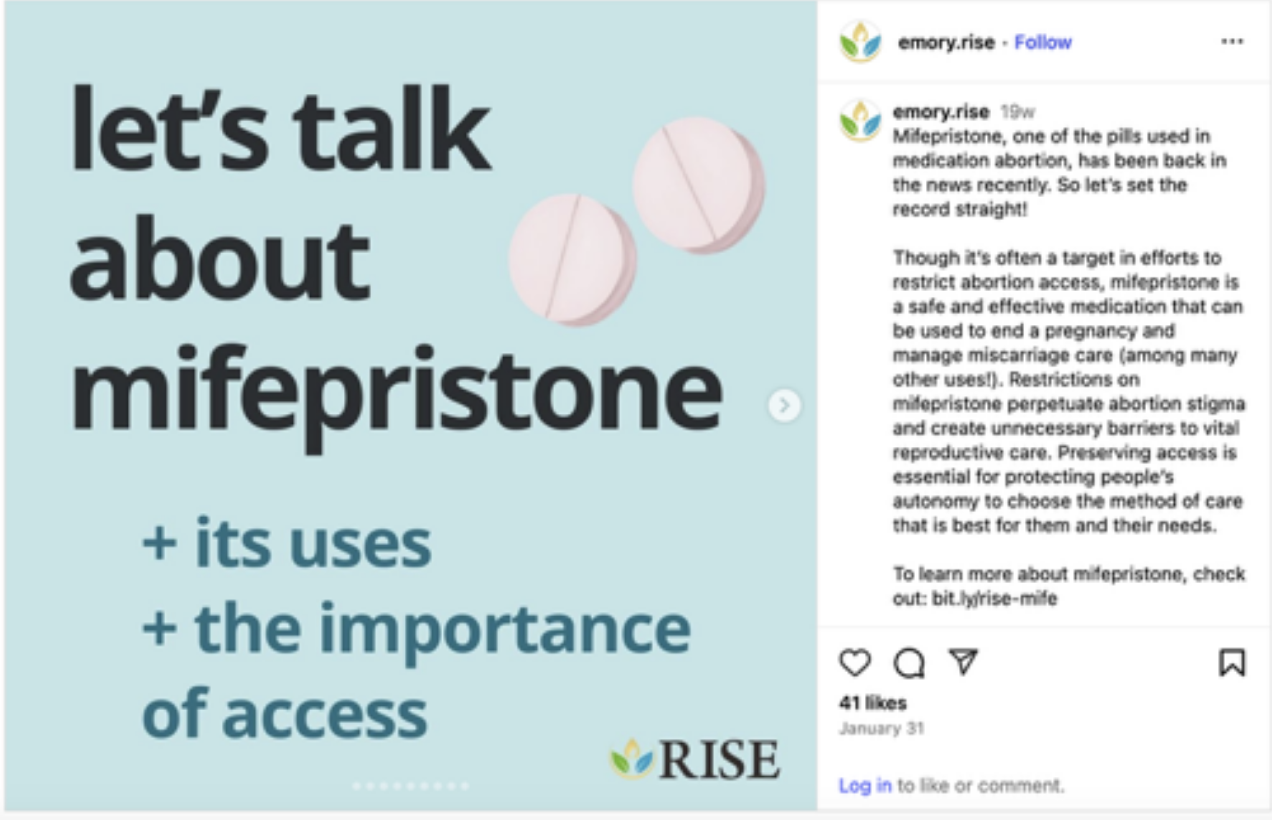 A screenshot of an instagram post from @emory.rise that reads "let's talk about mifepristone" in bold black font "+ its uses + the importance of access" in blue A screenshot of an instagram post from @emory.rise that reads "let's talk about mifepristone" in bold black font "+ its uses + the importance of access" in blue