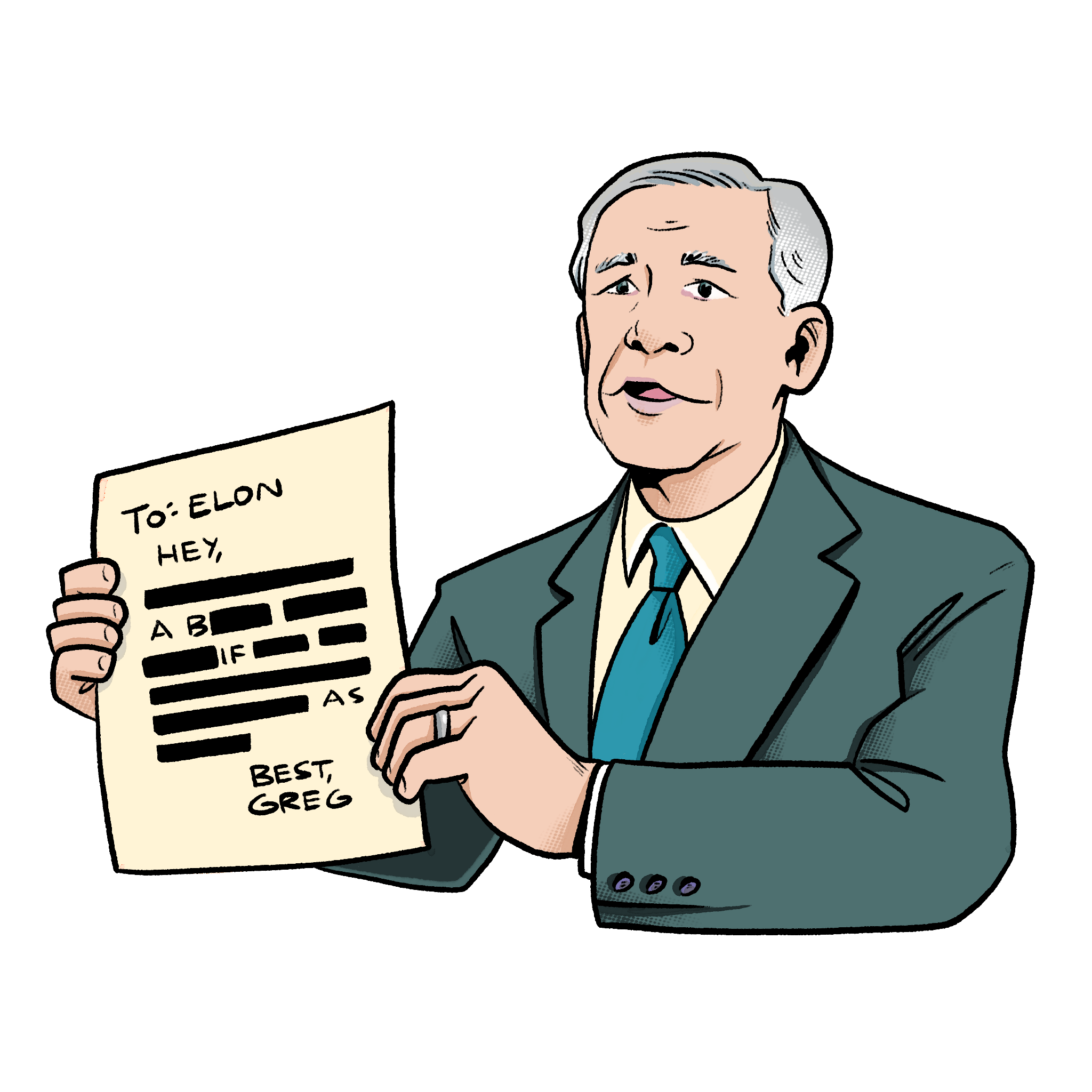 An illustration of Texas Gov. Greg Abbott holding up a redacted letter to Elon Musk.