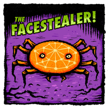  "The Face Stealer" text over illustration of a spider-like monster
