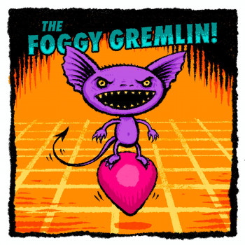 "The Foggy Fremlin" text over illustration of a little monster with sharp teeth and a long tail, rising a GPS location pin.