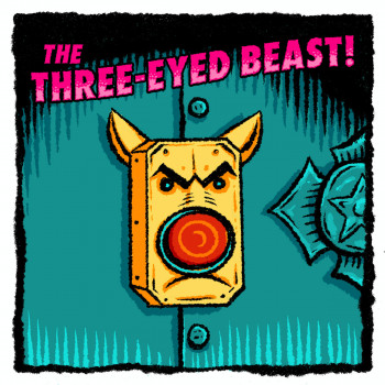 "The Three-eyed Beast" text over illustration of a rectangular face with a large camera as a snout, pinned to a shirt with a badge.