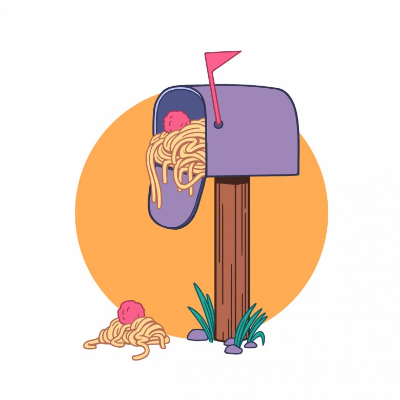 Spaghetti noodles spilling out of a mailbox.